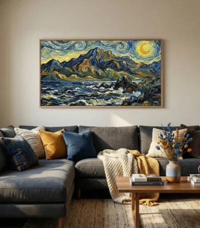 Impressionist hand-painted canvas depicting turbulent seascape with swirling sky, mountains, and golden sun in blues and ochre, contemporary living space