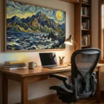 Impressionist hand-painted canvas depicting turbulent seascape with mountainous coastline in swirling blues, golds and yellows, modern home office