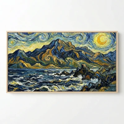 Expressionist hand-painted canvas depicting swirling night sky over dramatic mountains and turbulent ocean, rich blues and golden yellows