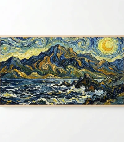 Expressionist hand-painted canvas depicting swirling night sky over dramatic mountains and turbulent ocean, rich blues and golden yellows