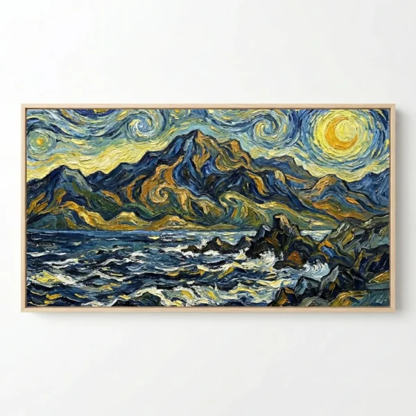 Expressionist hand-painted canvas depicting swirling night sky over dramatic mountains and turbulent ocean, rich blues and golden yellows
