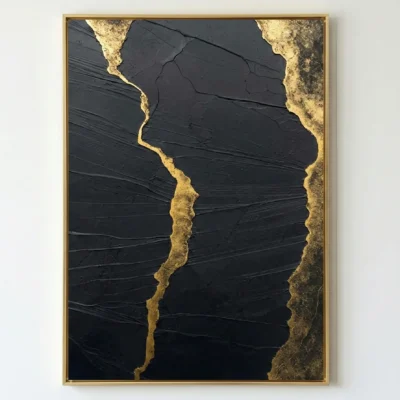 Contemporary abstract hand-painted canvas with gold leaf accents on textured black background, modern living space
