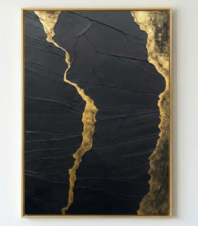 Contemporary abstract hand-painted canvas with gold leaf accents on textured black background, modern living space