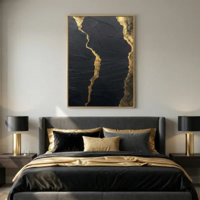 Abstract hand-painted canvas with gold leaf accents and dark textured layers, contemporary bedroom setting