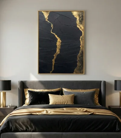 Abstract hand-painted canvas with gold leaf accents and dark textured layers, contemporary bedroom setting