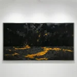 Gestural abstract hand-painted canvas with dramatic golden lava flows and charred black brushwork, contemporary living space