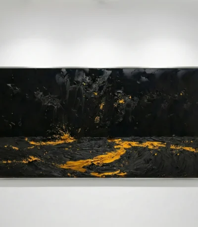 Gestural abstract hand-painted canvas with dramatic golden lava flows and charred black brushwork, contemporary living space