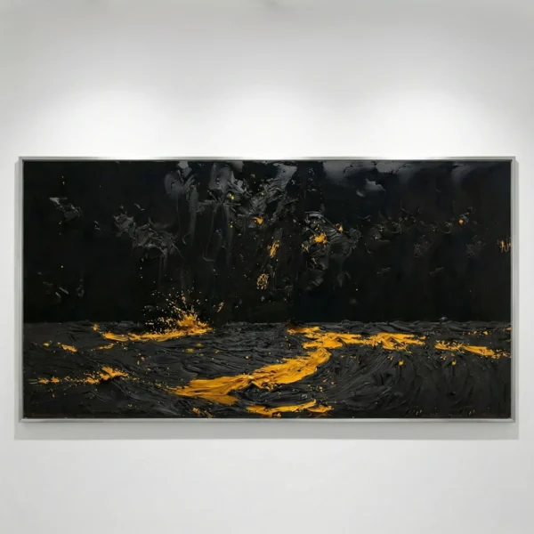 Gestural abstract hand-painted canvas with dramatic golden lava flows and charred black brushwork, contemporary living space