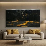 Gestural abstract painting with dramatic gold and black brushstrokes depicting molten lava flows, hand-finished canvas in contemporary living space
