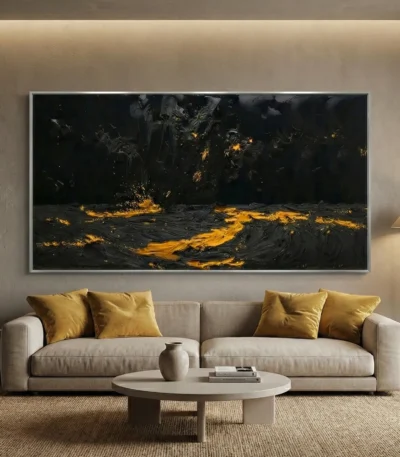 Gestural abstract painting with dramatic gold and black brushstrokes depicting molten lava flows, hand-finished canvas in contemporary living space