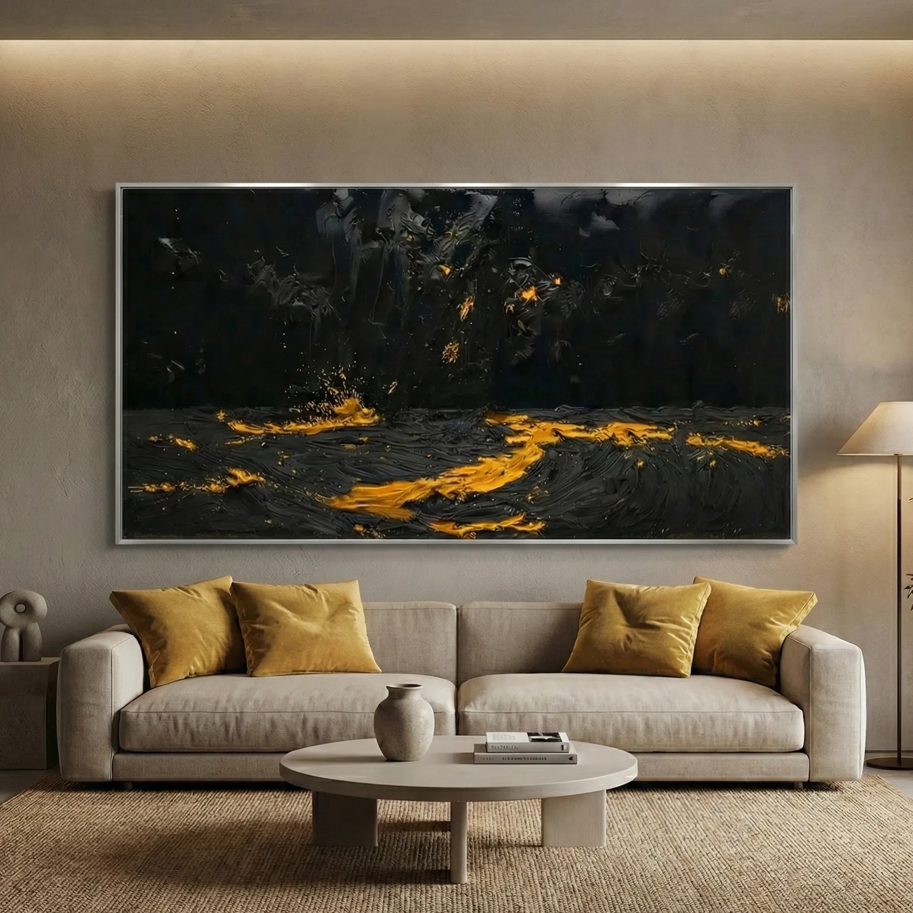 Midnight Gold Drift Textured black canvas yellow splashes contemporary minimal art (4) Gestural abstract painting with dramatic gold and black brushstrokes depicting molten lava flows, hand-finished canvas in contemporary living space