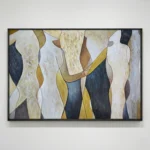 Contemporary abstract hand-painted canvas with interlocking organic forms in cream, gold, navy and charcoal tones