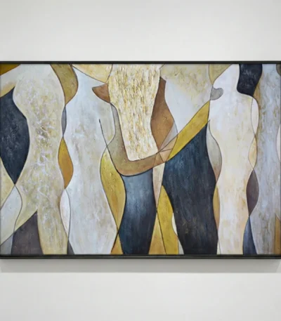 Contemporary abstract hand-painted canvas with interlocking organic forms in cream, gold, navy and charcoal tones