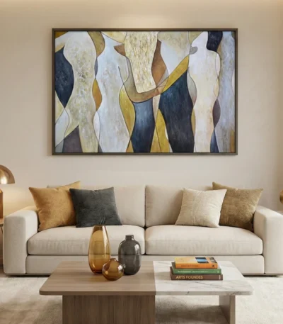 Abstract hand-painted canvas with layered organic shapes in cream, gold, navy and charcoal tones, contemporary living space