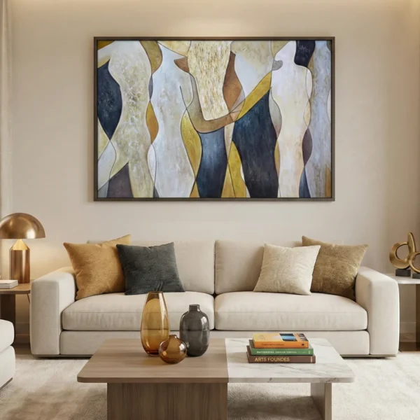 Abstract hand-painted canvas with layered organic shapes in cream, gold, navy and charcoal tones, contemporary living space