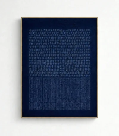 Contemporary abstract hand-painted canvas with layered numeric patterns in deep navy and pale blue tones