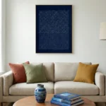 Minimalist abstract hand-painted canvas in deep navy with layered binary code and linear patterns, contemporary living space