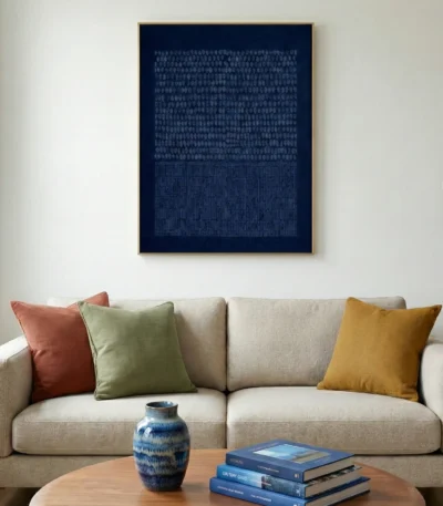 Minimalist abstract hand-painted canvas in deep navy with layered binary code and linear patterns, contemporary living space