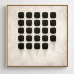 Minimalist hand-painted canvas featuring geometric grid of textured black rounded squares with delicate drip details on cream background