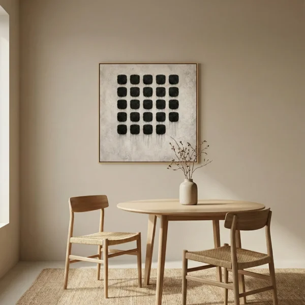 Minimalist hand-painted canvas with grid of black rounded squares and dripping ink marks, monochrome palette, contemporary dining space
