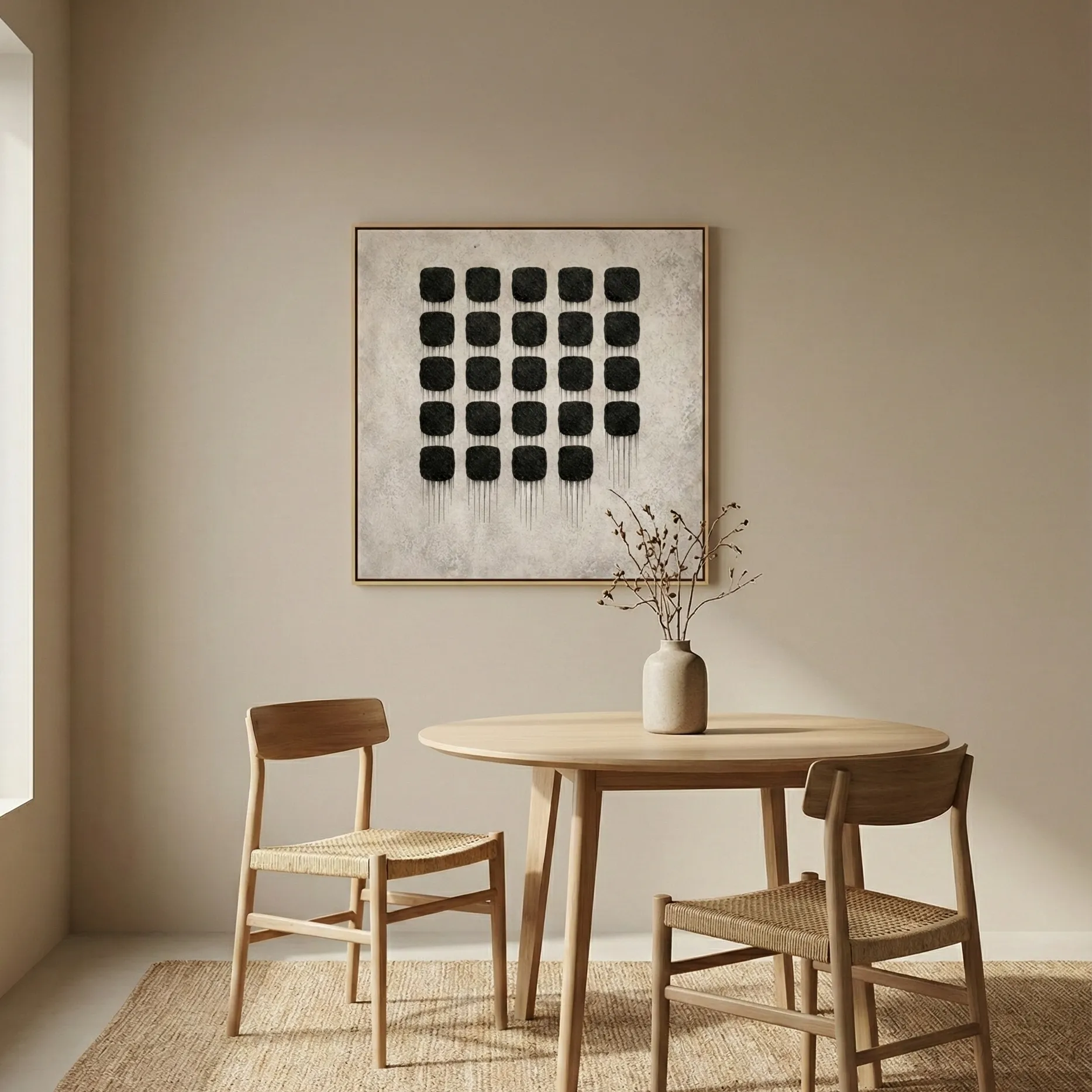 Midnight Mosaic – Wabi Sabi Minimalist Wall Decor (5) Minimalist hand-painted canvas with grid of black rounded squares and dripping ink marks, monochrome palette, contemporary dining space