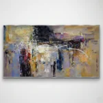 Abstract expressionist hand-painted canvas with layered gestural marks in gold, white, blue and black tones