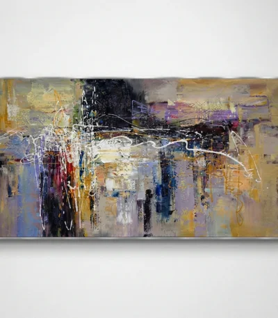 Abstract expressionist hand-painted canvas with layered gestural marks in gold, white, blue and black tones
