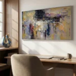 Layered abstract expressionist hand-painted canvas in ochre, navy, and cream with gestural white brushstrokes, modern workspace