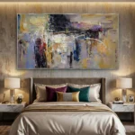 Layered abstract expressionist hand-painted canvas in deep purples, blues, golds and cream with gestural white marks, modern bedroom