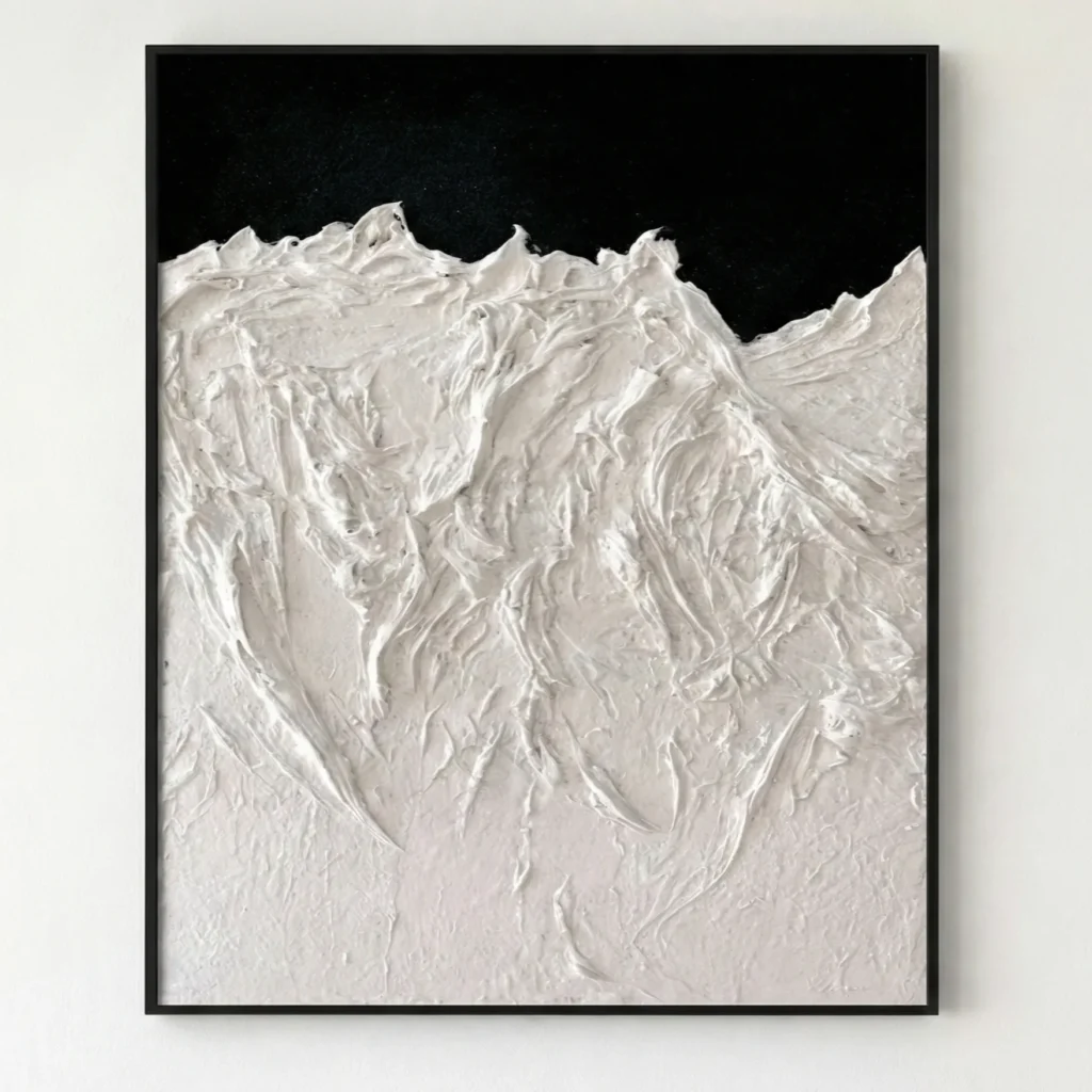 Textured abstract hand-painted canvas with sweeping white brushstrokes and dramatic peaks against deep black background