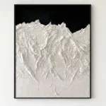 Textured abstract hand-painted canvas with sweeping white brushstrokes and dramatic peaks against deep black background