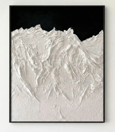 Textured abstract hand-painted canvas with sweeping white brushstrokes and dramatic peaks against deep black background
