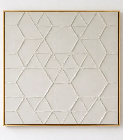 Textured contemporary hand-painted canvas featuring geometric hexagon and triangle patterns in cream and ivory tones