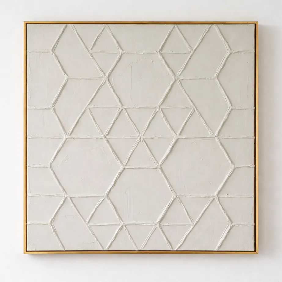 Textured contemporary hand-painted canvas featuring geometric hexagon and triangle patterns in cream and ivory tones