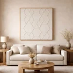Textured geometric hand-painted canvas in cream and white with dimensional diamond patterns, contemporary living space