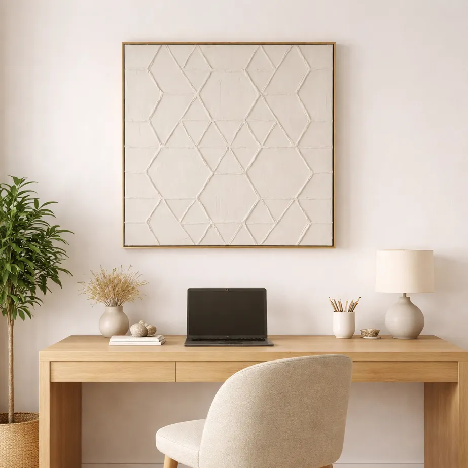 Textured minimalist hand-painted canvas featuring geometric diamond patterns in cream and taupe tones, contemporary workspace