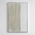 Minimalist hand-painted canvas with vertical pleated texture in cream and white tones, contemporary interior