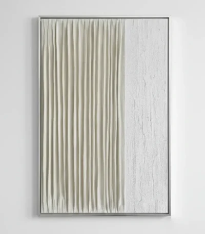Minimalist hand-painted canvas with vertical pleated texture in cream and white tones, contemporary interior