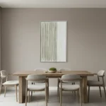 Minimalist hand-painted canvas with vertical linear striations in soft grey and white tones, contemporary dining space