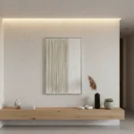 Minimalist hand-painted canvas with delicate vertical line work in soft neutral tones, contemporary interior
