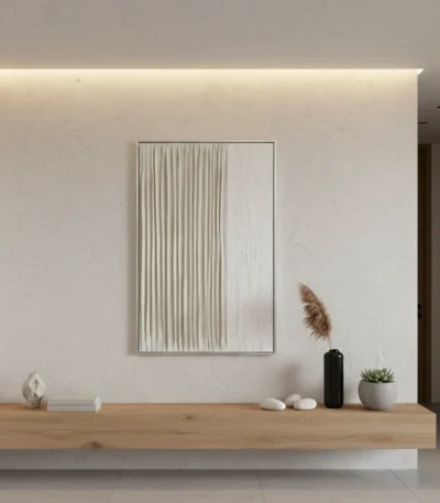 Minimalist hand-painted canvas with delicate vertical line work in soft neutral tones, contemporary interior