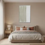 Minimalist hand-painted canvas with vertical striations in cream and sage tones, modern bedroom setting