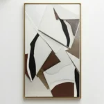 Contemporary abstract hand-painted canvas with layered geometric forms in cream, charcoal, and rich brown tones