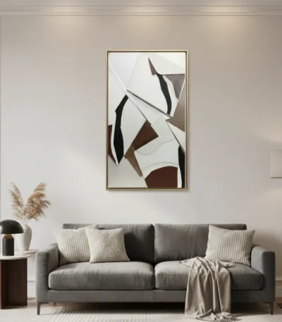 Layered abstract hand-painted canvas in black, brown, and cream with gestural organic forms, contemporary living space