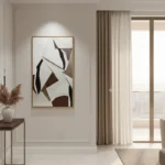 Contemporary abstract hand-painted canvas with geometric shapes in black, brown and cream tones, modern entryway