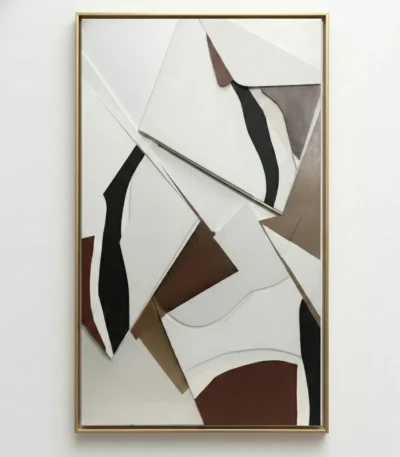Contemporary abstract hand-painted canvas with layered geometric forms in cream, charcoal, and rich brown tones
