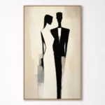 Minimalist hand-painted canvas depicting two elongated silhouetted figures in black and ivory tones, contemporary gallery space