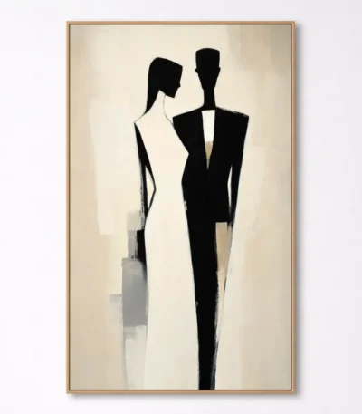 Minimalist hand-painted canvas depicting two elongated silhouetted figures in black and ivory tones, contemporary gallery space