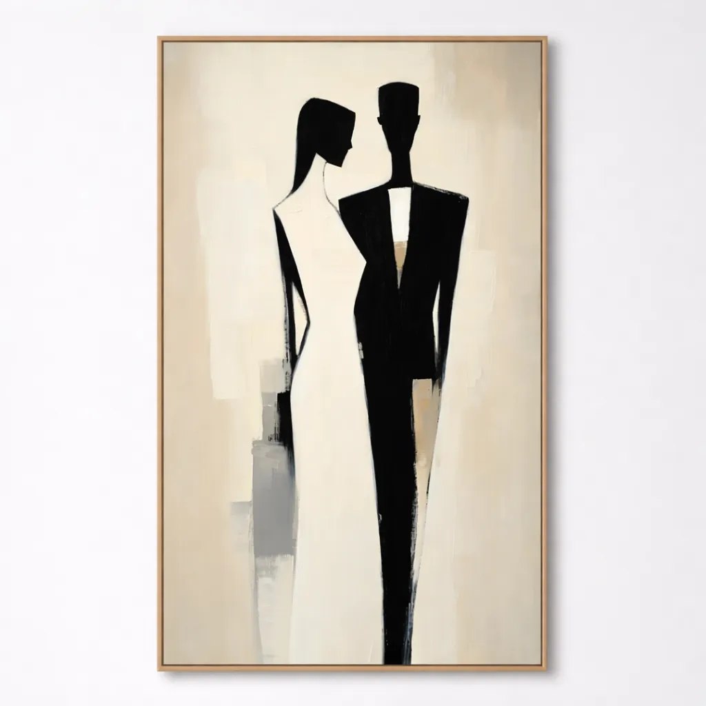 Minimalist hand-painted canvas depicting two elongated silhouetted figures in black and ivory tones, contemporary gallery space