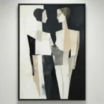Abstract hand-painted canvas with geometric fragmented figures in black, cream, and taupe tones